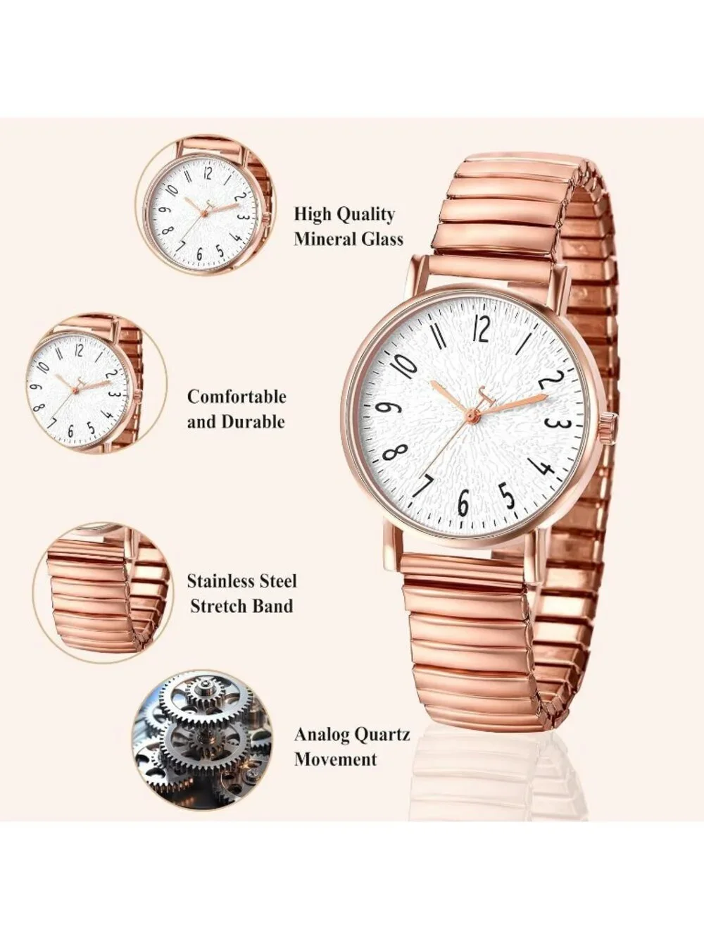 Women's Rose Gold Analog Elastic Strap Arabic Numerals Waterproof Wrist Watch